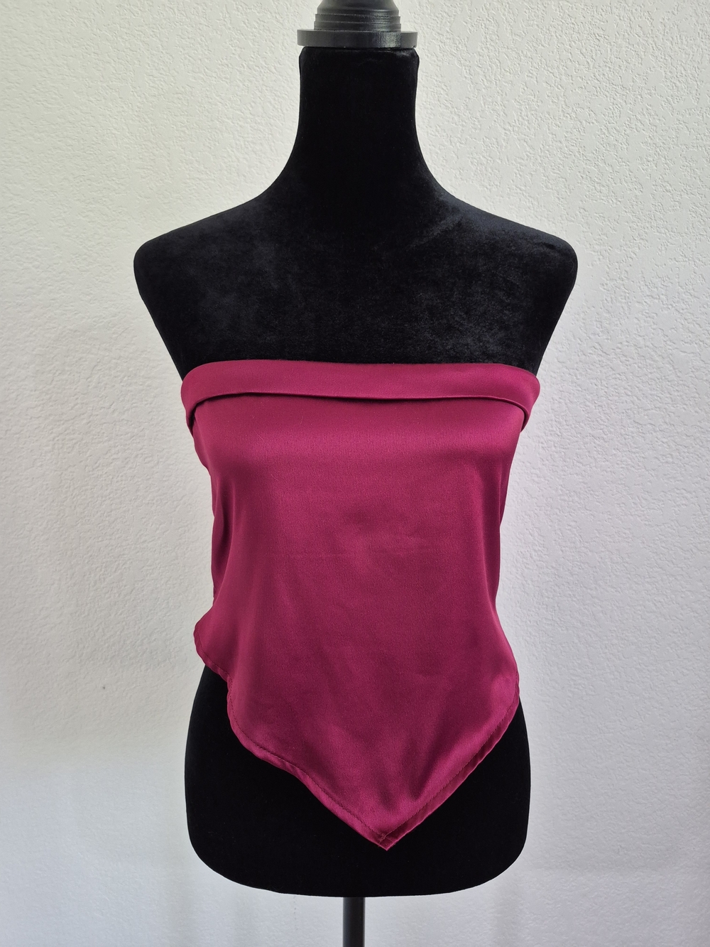 Strapless Handkerchief Hem Satin Top - Burgundy